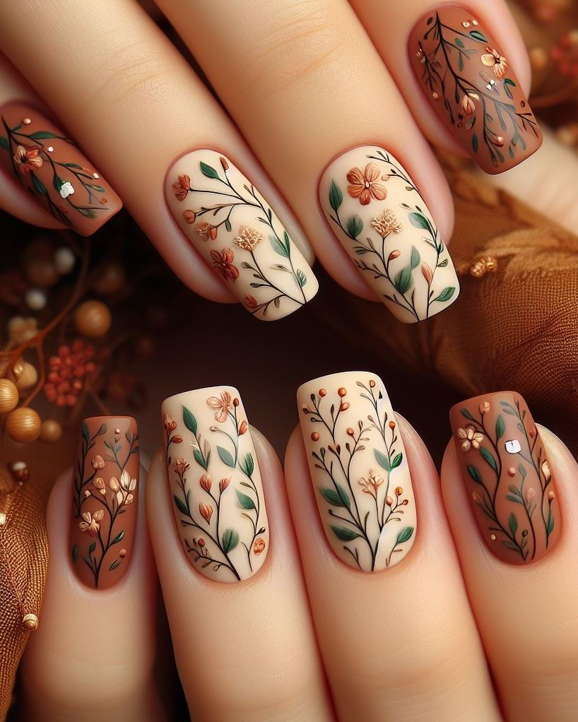 ¡Abraza el aire libre con pequeñas flores y enredaderas rústicas! Este delicado arte de uñas agrega un toque de fantasía a tus dedos.