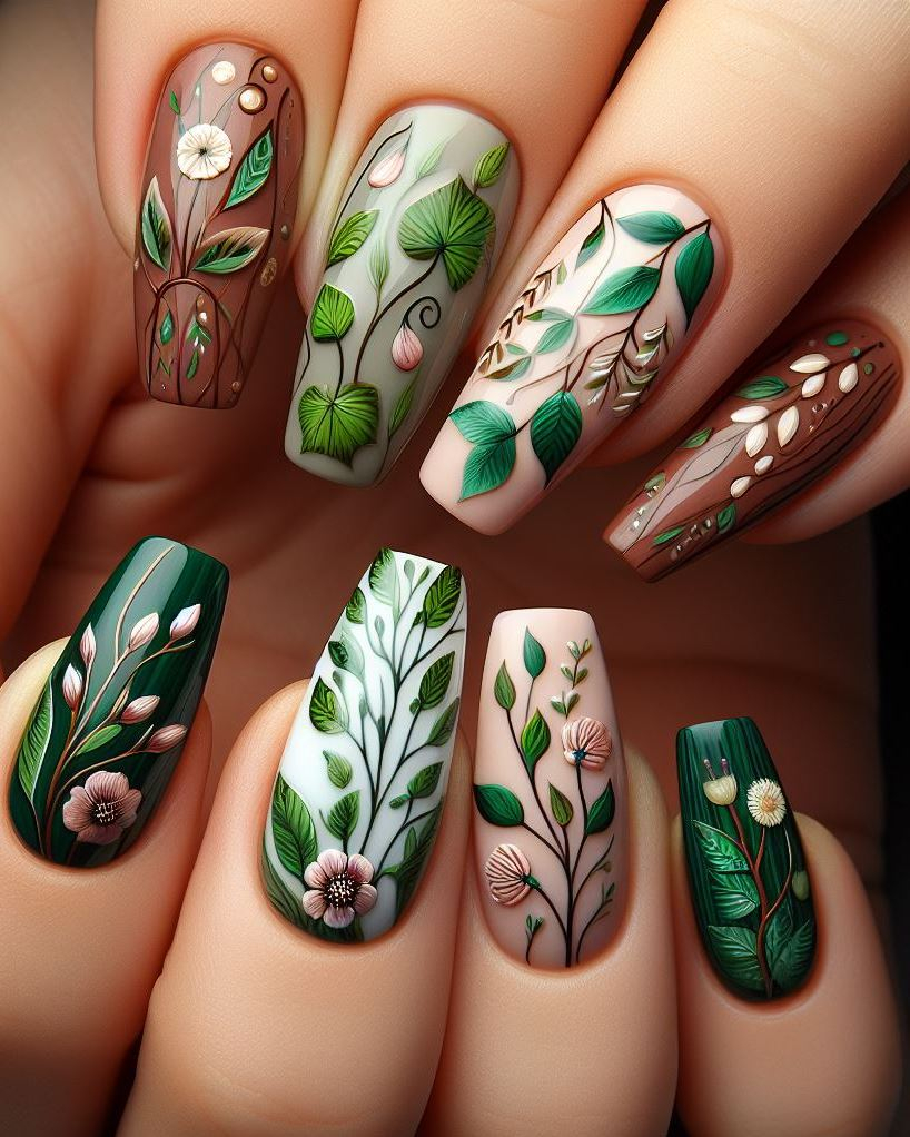 ¡Trae la belleza de la naturaleza a tu alcance! Pequeñas flores y enredaderas rústicas crean un diseño de uñas cautivador y terroso.