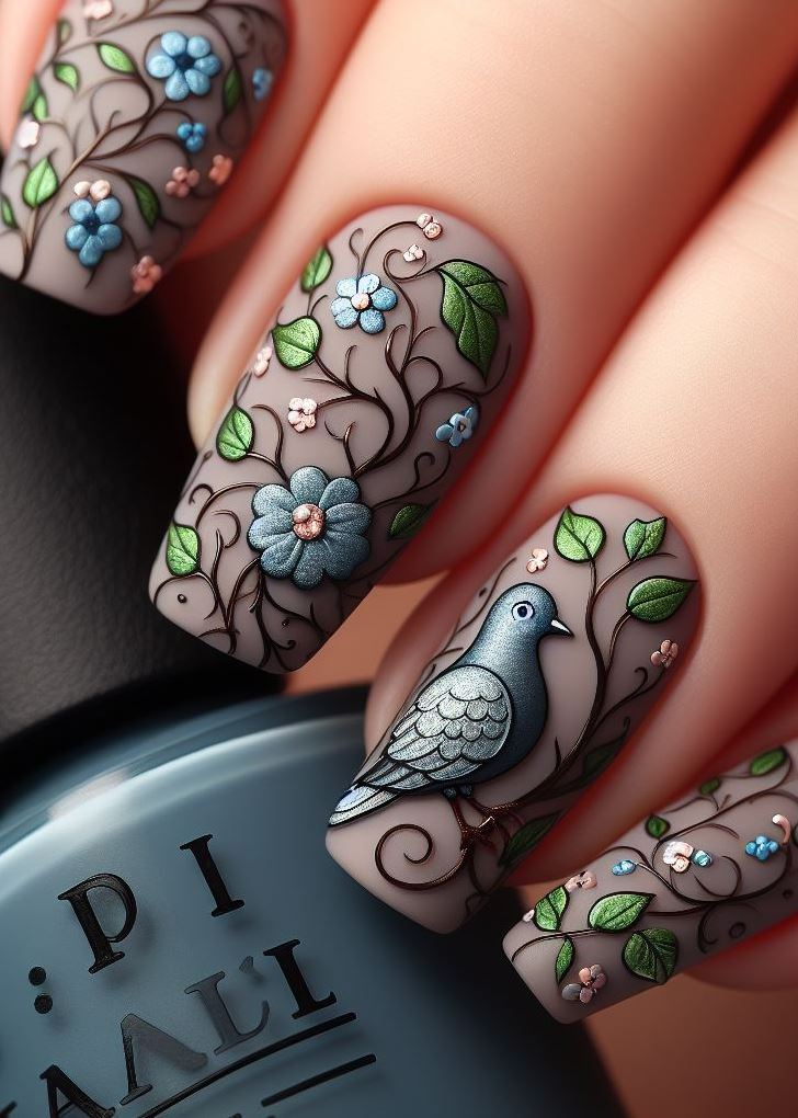 ¡Disfruta de estas lindas uñas inspiradas en palomas! Pequeñas flores y enredaderas con un toque de gris crean una apariencia elegante y plumosa.