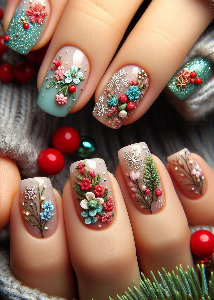 ¡Suena por completo con estos adorables diseños de uñas navideñas! Las delicadas enredaderas de acebo y las diminutas flores de bastones de caramelo añaden un toque de fantasía a la alegría navideña.