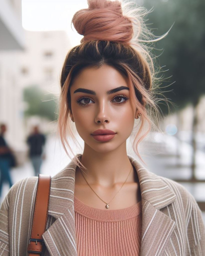 Ballerina Bun Dreams: Unleash your inner ballerina with a sophisticated top knot styled with graceful peach pink hair. Ideal for adding a touch of elegance to any occasion.