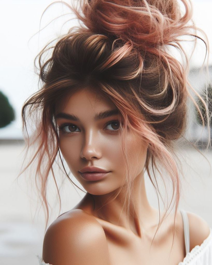 Pink & Playful: Effortless messy bun with pink highlights for a touch of sweet rebellion.