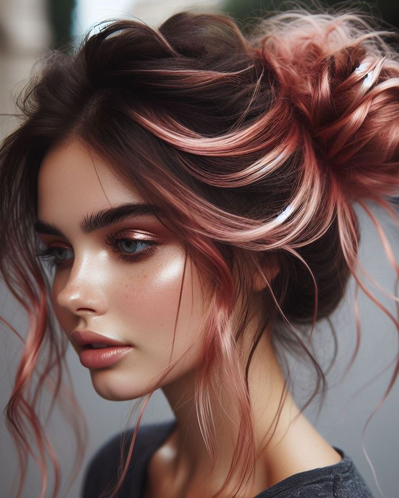 Pink Power Punch: Don't be afraid to rock a messy bun with bold pink highlights for a statement look.
