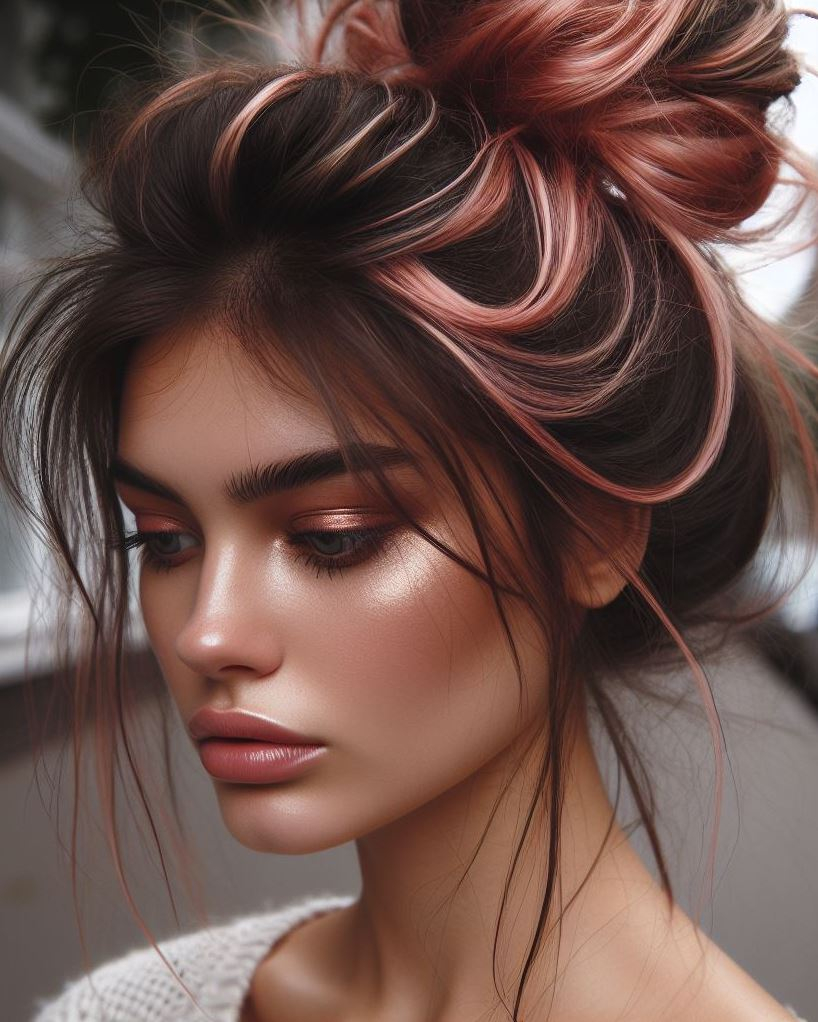 Second-Day Chic: Refresh your hairstyle with a messy bun and playful pink highlights. Bonus points for bedhead texture! 
