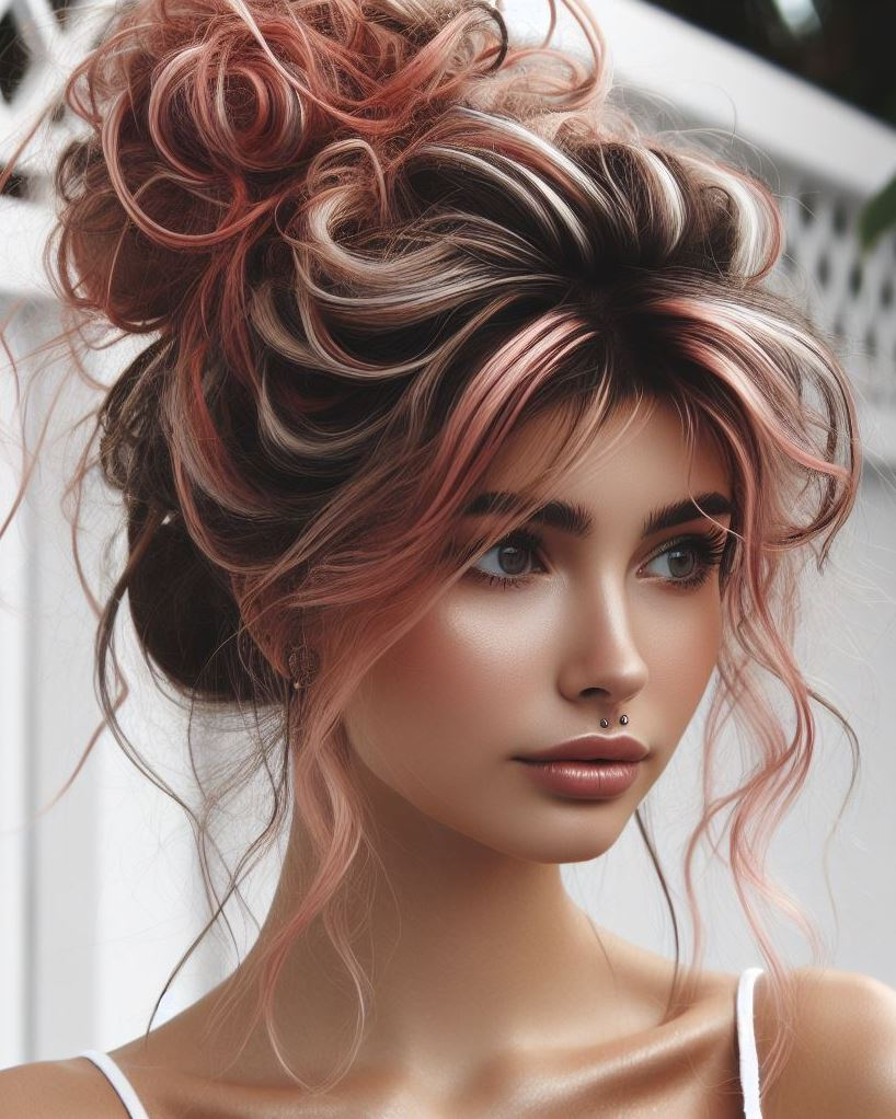 Chill Vibes on Point: Elevate your casual look with a messy bun featuring cool-girl pink highlights.