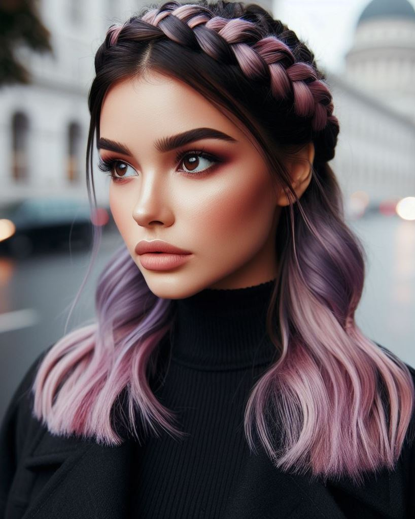 Half-Up, Half-Amazing: Don't miss out on the fun! Create a stunning half-up, half-down hairstyle by incorporating a braided headband in a beautiful shade of lavender pink. 