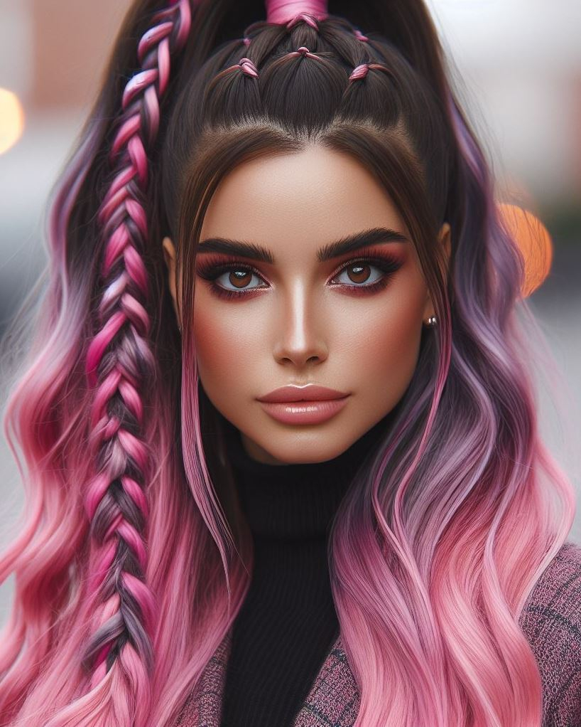 Goddess Braid Wrap: Channel your inner goddess with a high ponytail adorned with a magenta pink braid wrapped around the base. This intricate style adds a touch of elegance and drama.