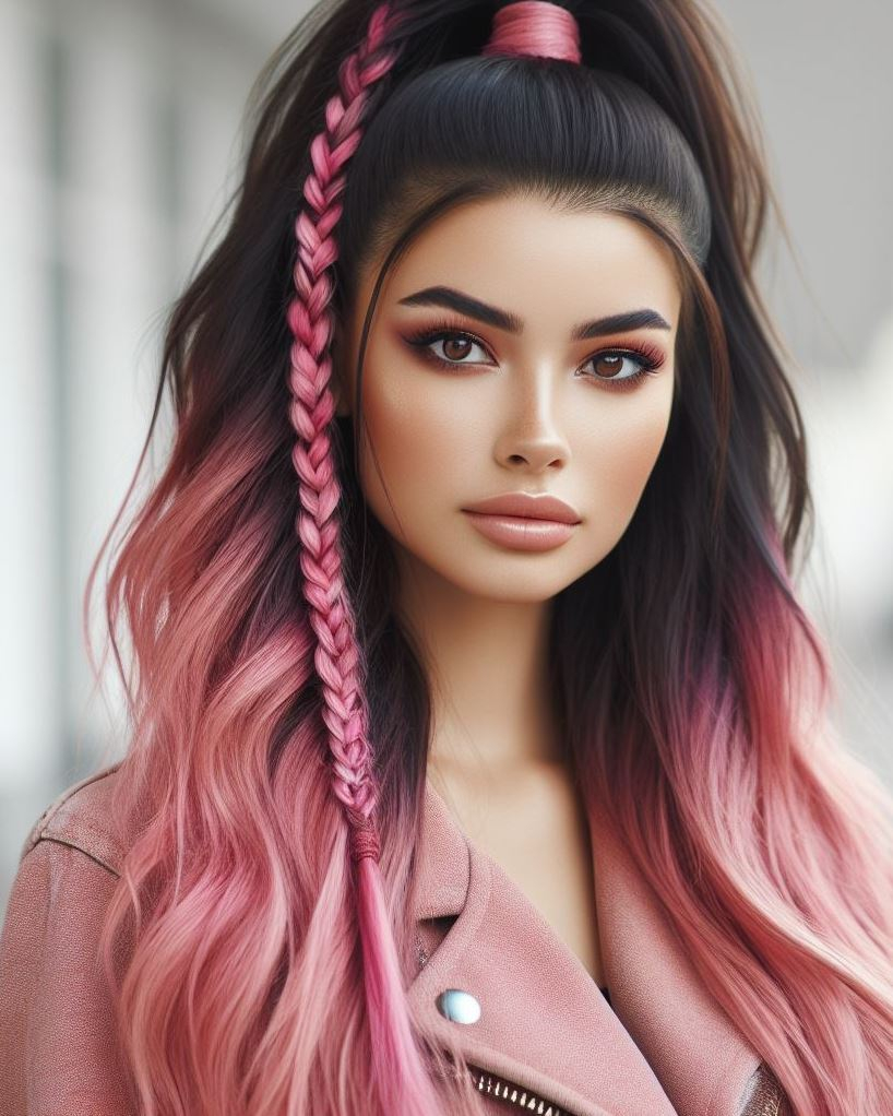 Braided Beauty: Elevate your high ponytail with a braid woven into the base. Magenta pink hair adds a touch of vibrancy to this unique and eye-catching hairstyle.