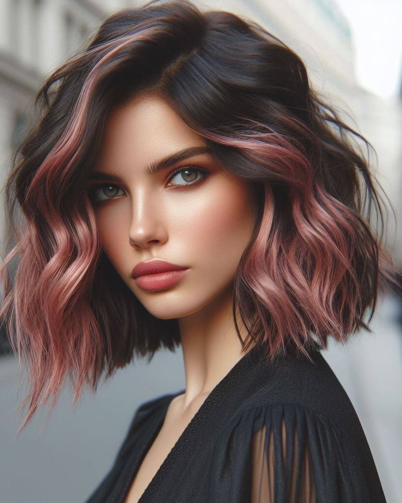 Blunt & Beautiful: Embrace a blunt cut with your dusty pink wavy bob for a modern and edgy look. Textured ends and a soft pink hue create a statement style. 