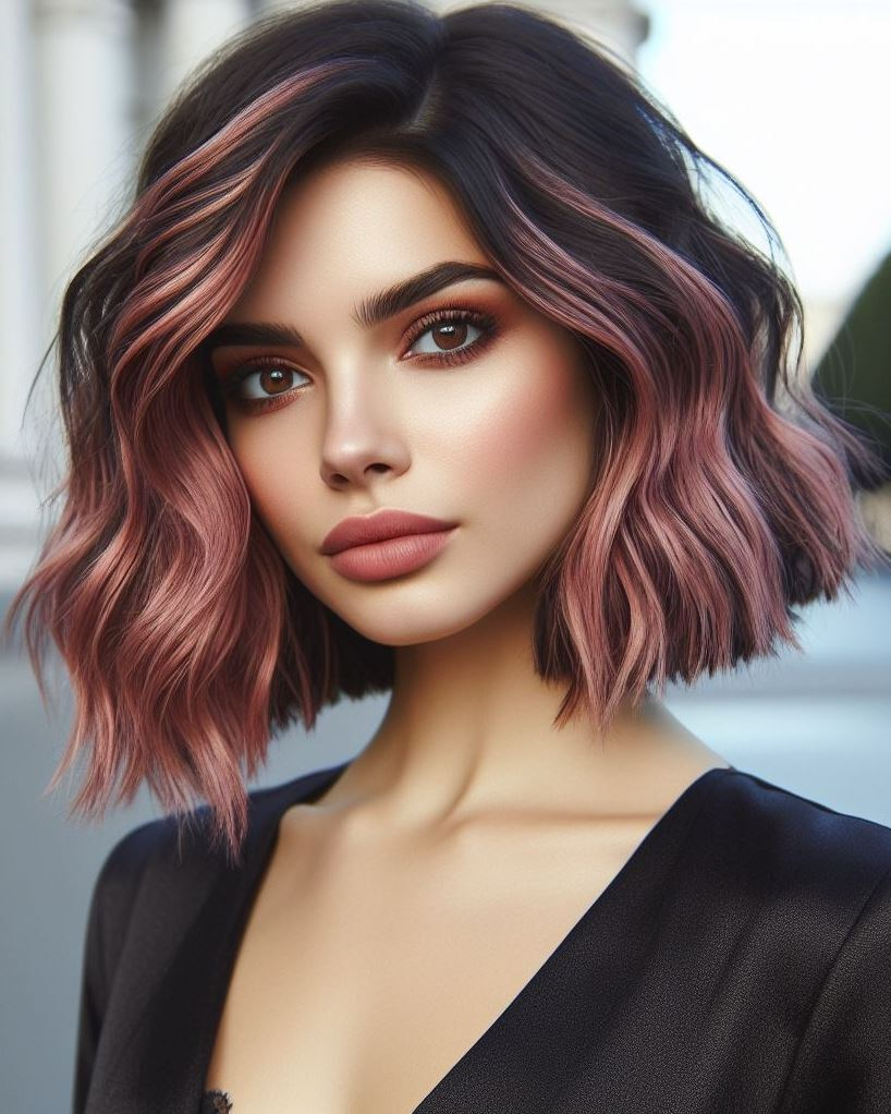 Old Hollywood Glamour: Embrace vintage elegance with a dusty pink wavy bob styled with a deep side part and a touch of volume. Perfect for a special occasion.