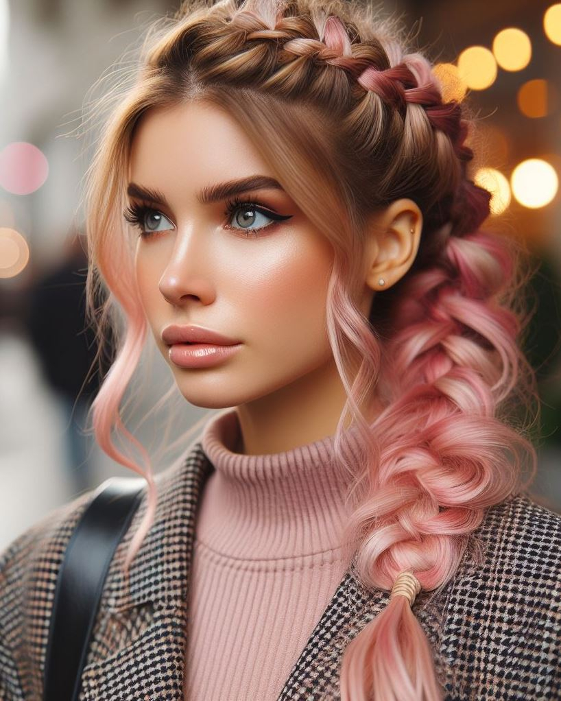 Strawberry Swirl: This braided strawberry blonde pink hairstyle combines the sweetness of blonde with playful pops of pink for a whimsical and unique look.