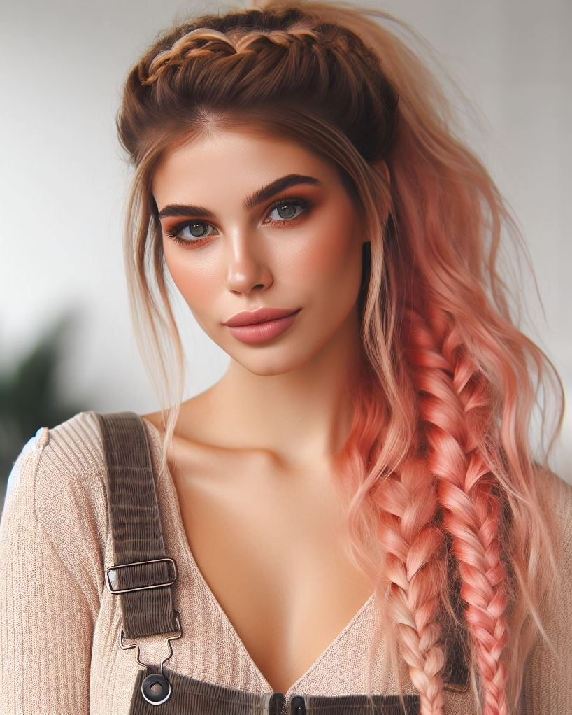Braided Bun Updo: Elevate your hairstyle for a special occasion with a braided bun featuring strawberry blonde hair and pink accents. Sophistication with a touch of fun!