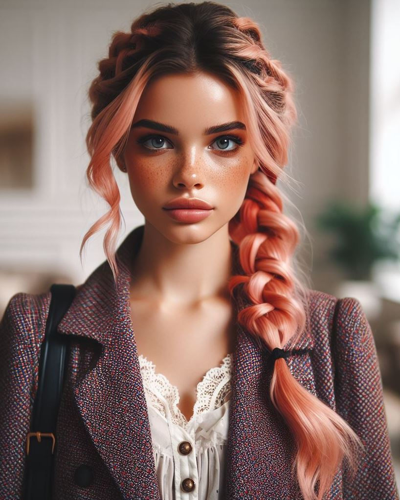 Fishtail Fantasy: Unleash your inner mermaid with a mesmerizing fishtail braid featuring strawberry blonde hair and vibrant pink highlights that peek through.