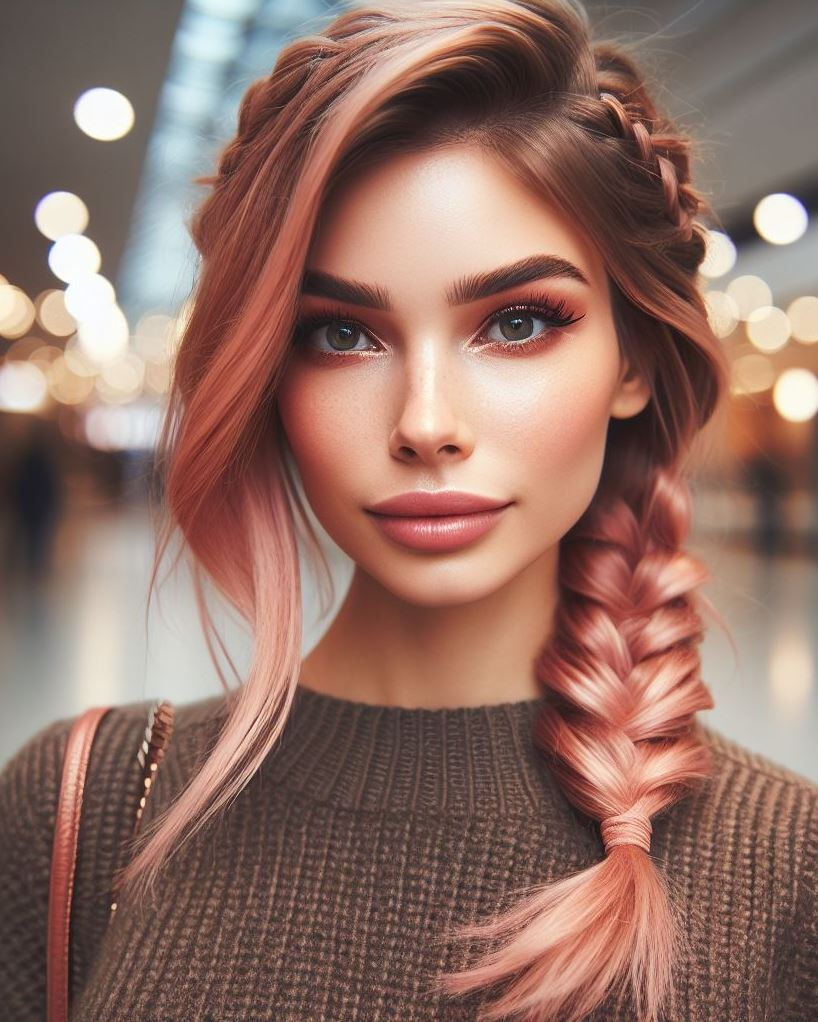 Don't miss out on the fun! Create a stunning half-up, half-down hairstyle with braids featuring strawberry blonde hair and pink accents. 