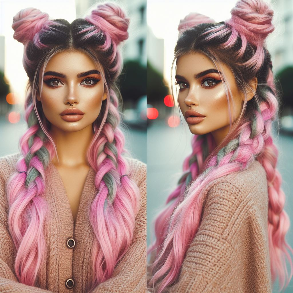 Glitter Galaxy on Pink: Sparkling glitter roots and braided bubblegum pink space buns create a show-stopping look.