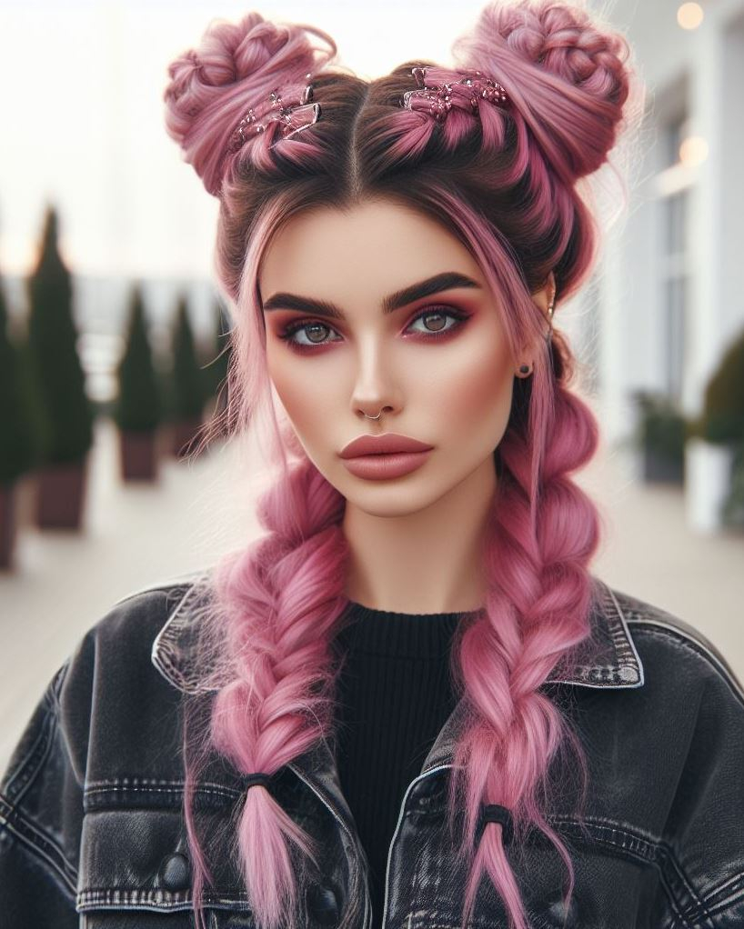 90s Vibe Revival: Channel your inner spice girl with glitter roots and braided bubblegum pink space buns.