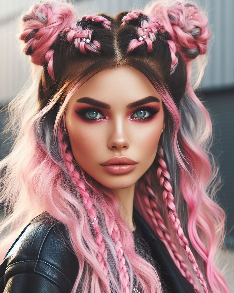Playful with a Punk Edge: Glitter roots and braided bubblegum pink space buns add a touch of rebellion to your playful style.