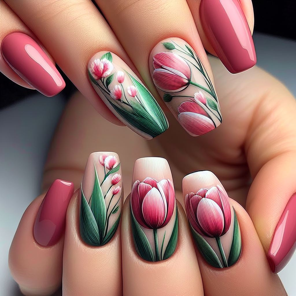 ¡La primavera ha llegado! Celebre la temporada con un vibrante arte de uñas en forma de tulipán. Elija flores individuales clásicas o un campo de mini tulipanes coloridos: ¡las posibilidades son infinitas!