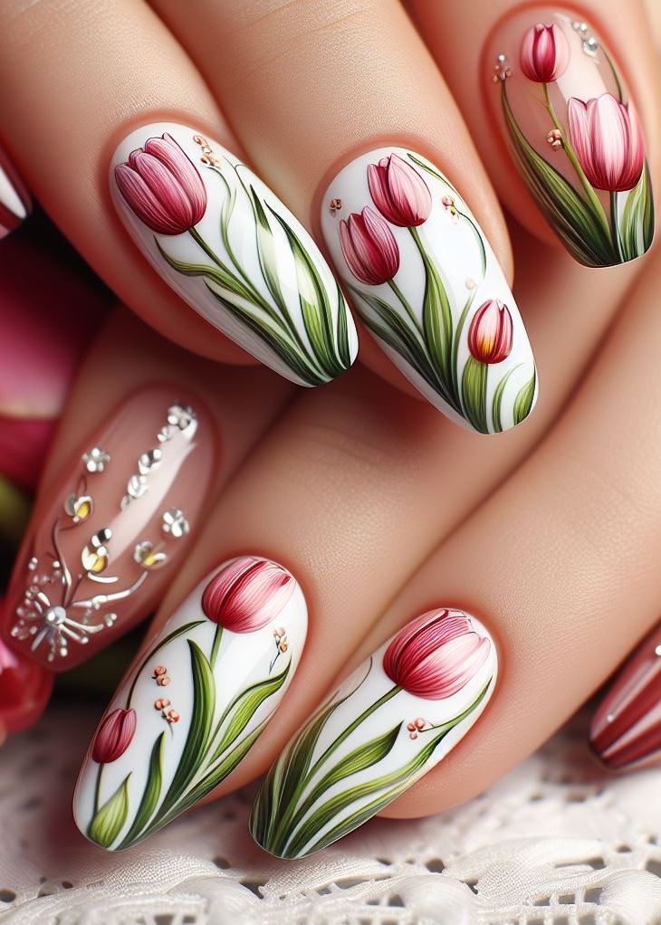 ¡Deshazte de la aburrida manicura! El atrevido y hermoso arte de uñas de tulipanes en un arco iris de colores es una forma divertida de expresar tu estilo único. (Ideas florales para decoración de uñas)