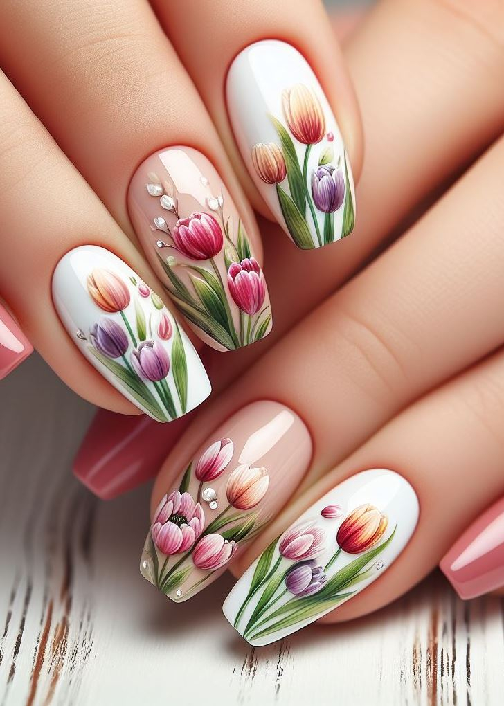 ¿Te sientes artístico? ¡Abraza el arte de uñas con tulipanes en el espacio negativo! Deje la silueta del tulipán vacía y rodeada de color para lograr un diseño moderno y llamativo.