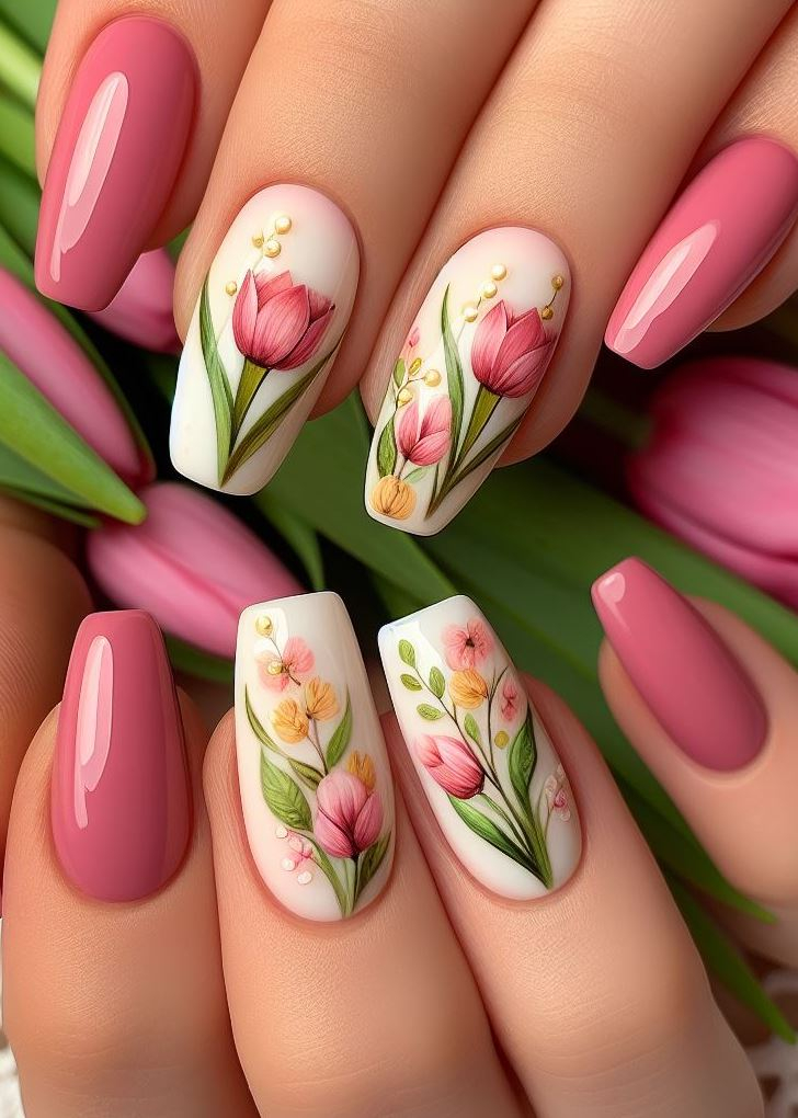 ¡Vaya más allá de lo básico! ✨ Explora el arte de uñas de tulipán degradado con colores vibrantes que se transforman en una base suave para darle un toque de elegancia. (Ideas florales para decoración de uñas)