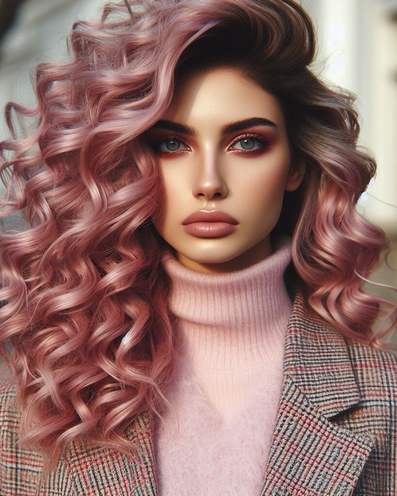 Beach Babe with a Pink Twist: Embrace beachy waves with a touch of magic – pastel pink hair styled in soft spiral curls.