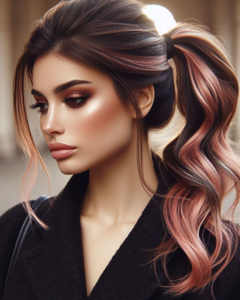 Pink Ponytail with a Parisian Twist: Channel Parisian chic with a low dusty pink ponytail featuring a delicate wrapped detail.