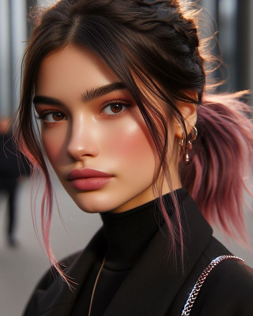 Effortless Beauty with a Hint of Pink: This low dusty pink ponytail with a wrapped detail is a simple yet stunning hairstyle.