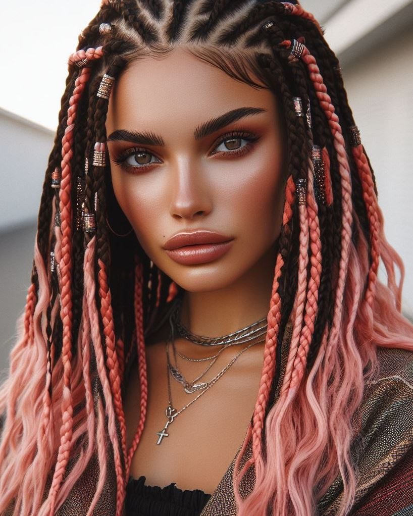 Modern Muse with Beads: Salmon pink cornrows with sleek lines and metallic beads create a trendy, head-turning look.