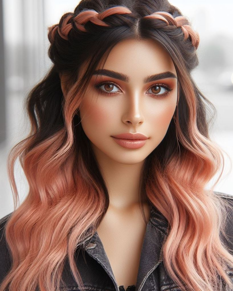 Braided Brilliance in Pink: A stunning peach pink crown braid showcases intricate detail and romantic elegance.