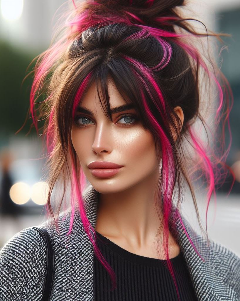 Effortless Chic with a Pink Punch: This hot pink messy bun with wispy bangs is perfect for a casual day out – stylish yet relaxed.