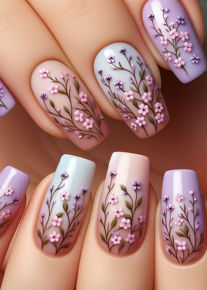 ¡Vibraciones de verano todo el año! ☀️ Este vibrante arte de uñas floral color melocotón lavanda con pequeñas flores y enredaderas es la manera perfecta de darle un toque de sol a tus dedos.