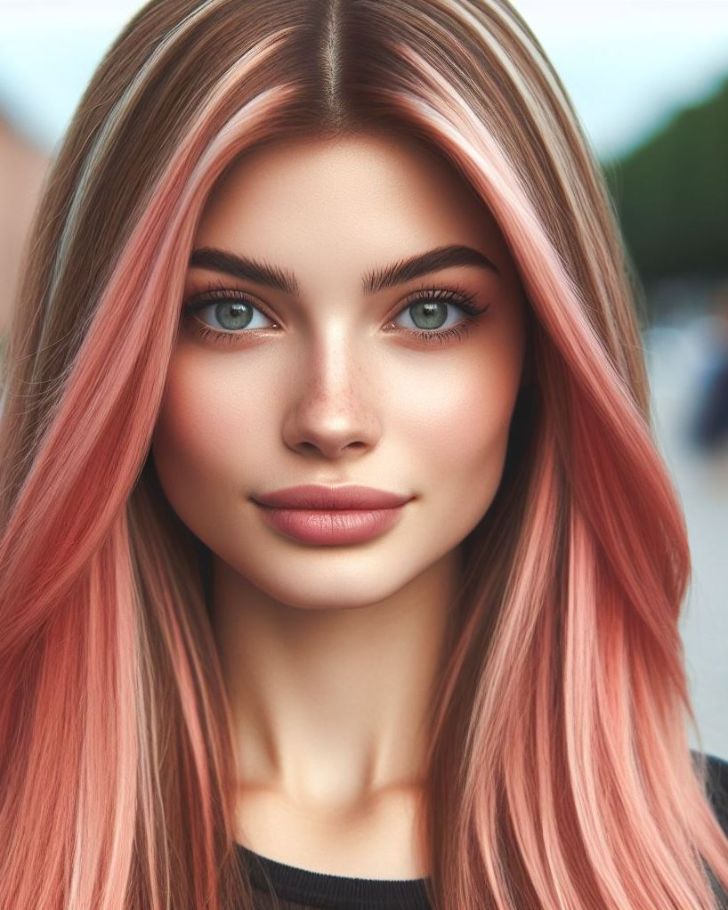 Sunset Hues: Long, straight hair with a pink balayage blends warm and cool tones for a mesmerizing effect. Think fiery orange melting into soft pink.