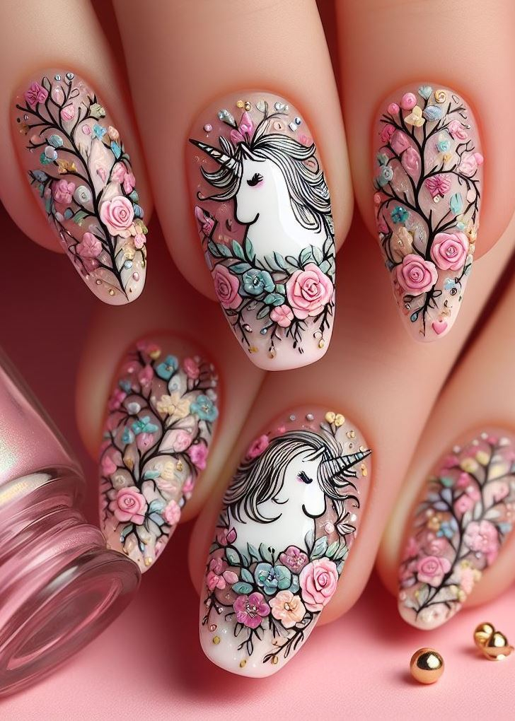 ¡No tengas miedo de ser audaz! Experimenta con detalles metálicos como dorado o plateado en tu decoración de uñas floral de unicornio para darle un toque de glamour.