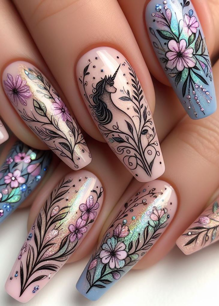 ¡Llamando a todos los soñadores! Abraza la magia de los unicornios con este fantástico diseño floral de uñas que presenta pequeñas flores y enredaderas en tonos pastel.