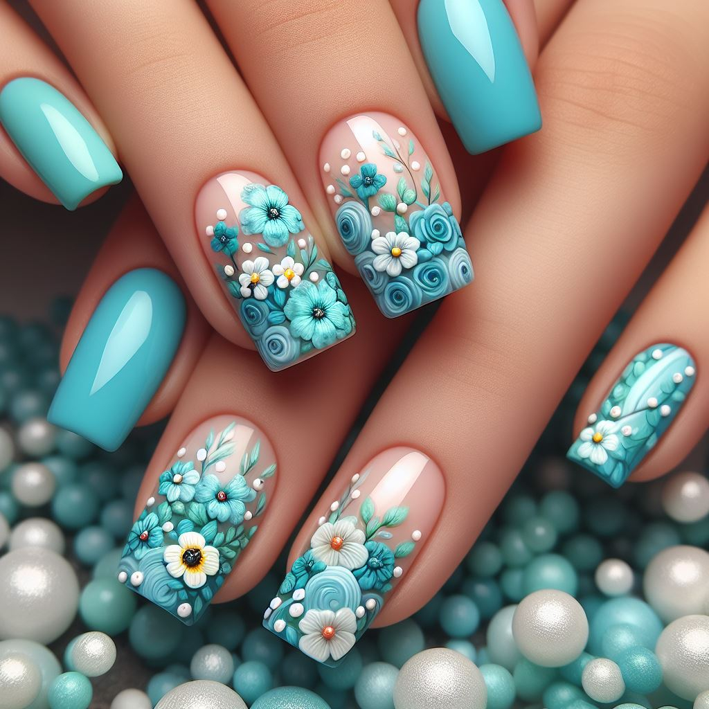 Canaliza la sirena que llevas dentro con delicadas flores y enredaderas de color azul agua que adornan tus uñas. ¡Perfecto para darle un toque de fantasía!