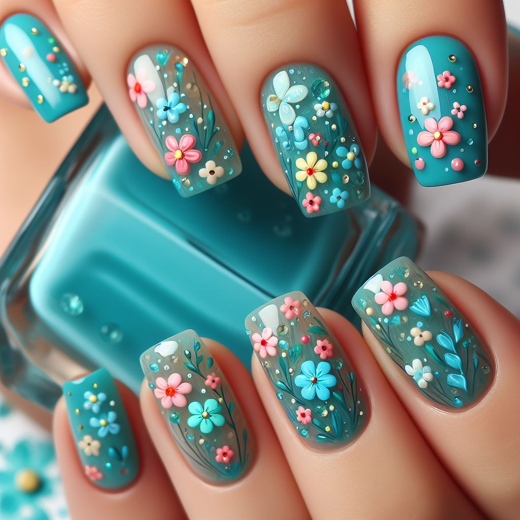 ¿Obsesionado con todo lo botánico? Este diseño de uñas de enredadera y flores en azul agua es la manera perfecta de mostrar tu amor por la naturaleza de una manera elegante y moderna.
