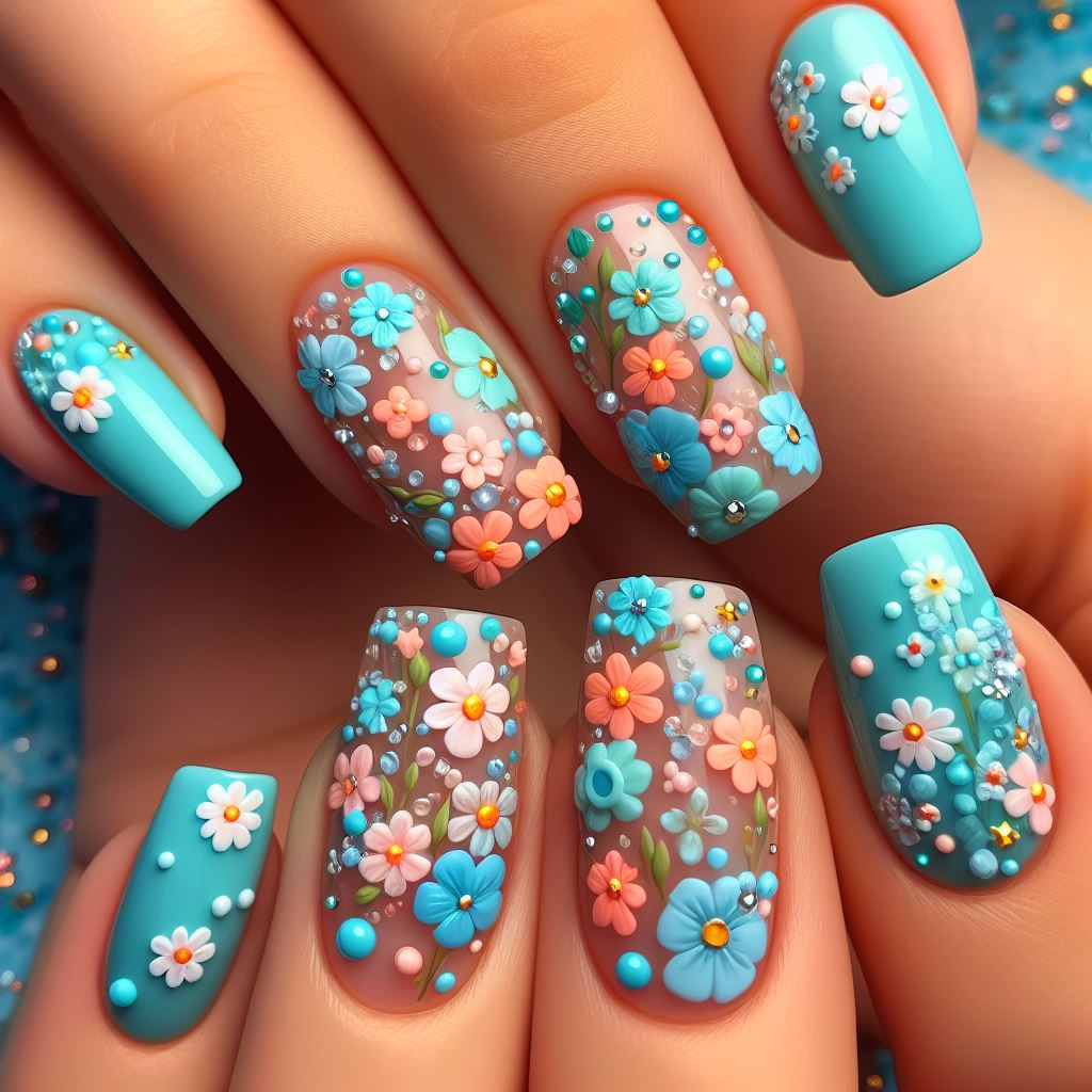 ¿Sueñas con una escapada de verano? Capture la esencia de la temporada con un fascinante arte de uñas floral en azul agua que se enrolla alrededor de sus dedos como delicadas enredaderas.