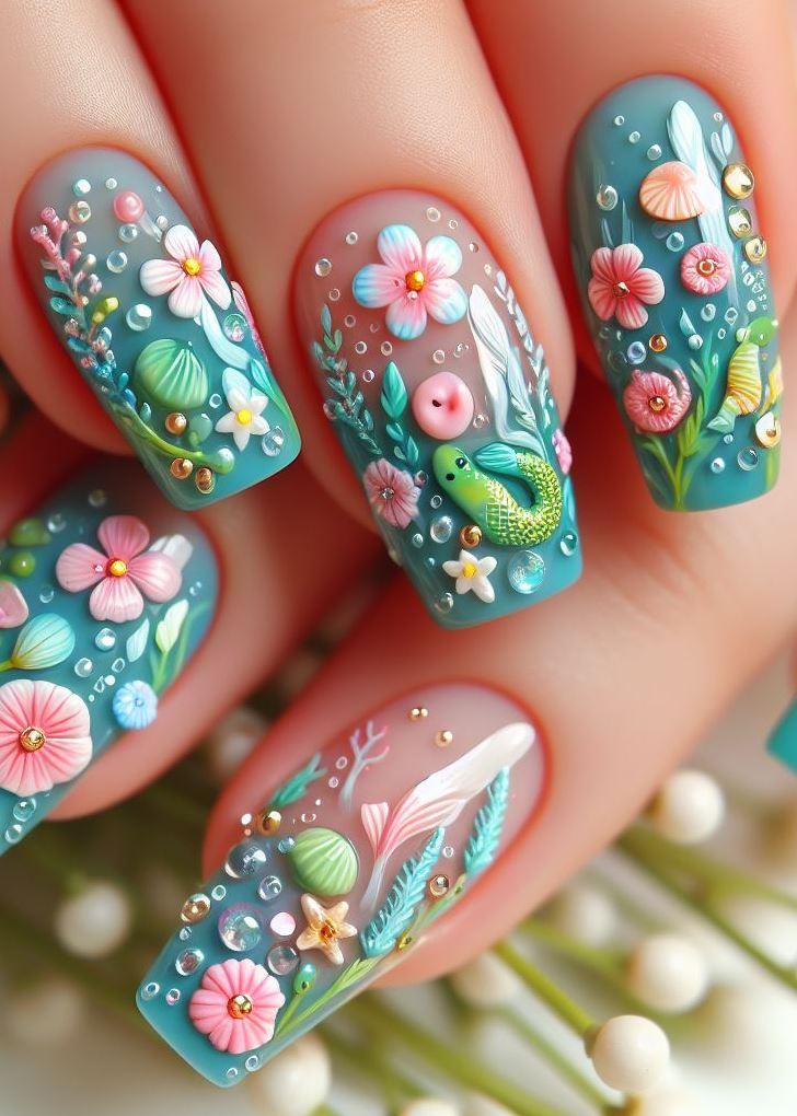 ¡Prepárate para hipnotizar! Estas uñas con temática de sirenas presentan pequeñas flores y enredaderas arremolinadas en una paleta mágica bajo el agua.