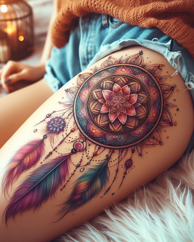 Dream Catcher Tattoos: 13 Dreamy Designs to Catch Your Eye | Pocoko Dream Catcher & Mandala Embrace a bold statement with vibrant designs incorporated into your dream catcher tattoo! Perfect for those who love to stand out!