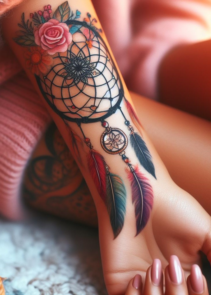 Dream Catcher Tattoos: 13 Dreamy Designs to Catch Your Eye | Pocoko Dream Catcher & Geometric Flair ✨ Geometric shapes like triangles or mandalas add a touch of modern flair and symbolize harmony or strength to your dream catcher tattoo!
