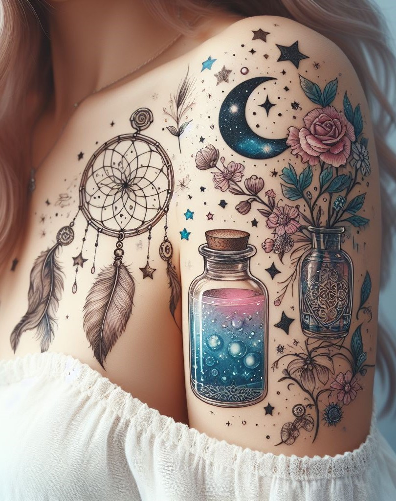Dream Catcher Tattoos: 13 Dreamy Designs to Catch Your Eye | Pocoko Strength & Dreams Take Flight 🪶 A dream catcher tattoo symbolizes protection and the power to manifest your dreams. Incorporate feathers with specific meanings to add a personal touch!