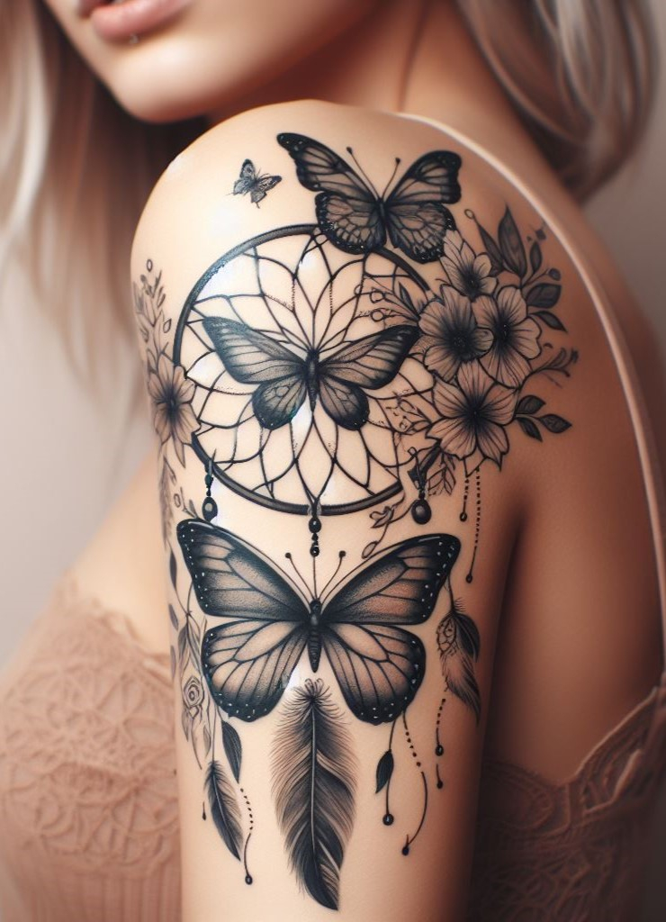 Dream Catcher Tattoos: 13 Dreamy Designs to Catch Your Eye | Pocoko Watercolor Dream Catcher & Butterfly Symphony Soft watercolor hues create a whimsical dreamscape for your tattoo. Delicate butterflies fluttering around a dream catcher add a touch of magic and symbolize the beauty of transformation!