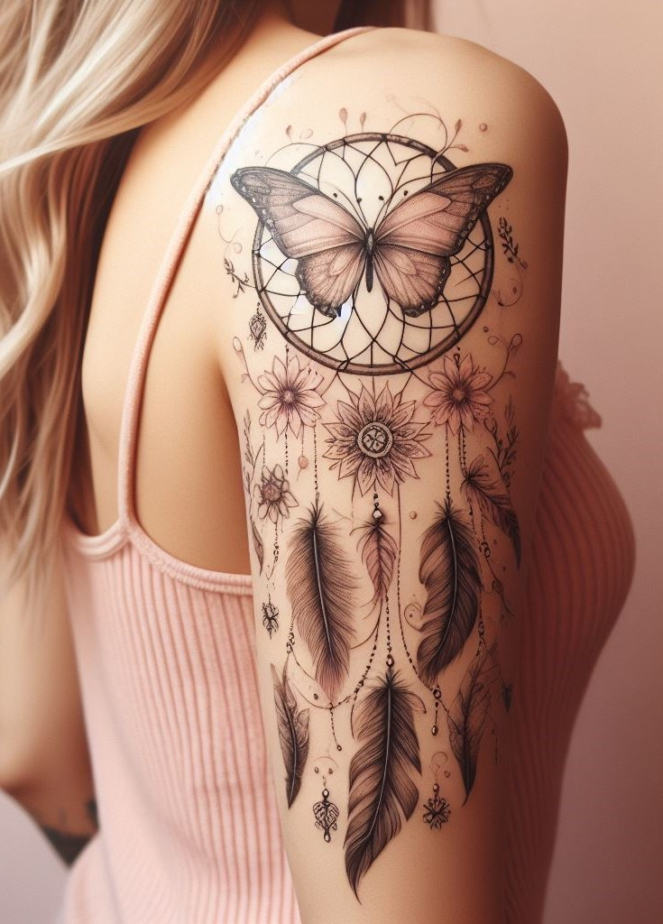 Dream Catcher Tattoos: 13 Dreamy Designs to Catch Your Eye | Pocoko Dream Catcher Magic Meets Butterfly Metamorphosis ✨ A powerful combination! Dream catchers symbolize protection from negativity, while butterflies represent transformation and new beginnings. This tattoo design is a reminder to chase your dreams and embrace personal growth!