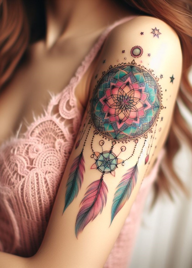 Dream Catcher Tattoos: 13 Dreamy Designs to Catch Your Eye | Pocoko Mandala Dream Catcher: Harmony & Protection ✨ Blend the intricate beauty of a mandala with a dream catcher for a powerful and visually stunning tattoo. It represents harmony, balance, and a protective shield for your inner world!