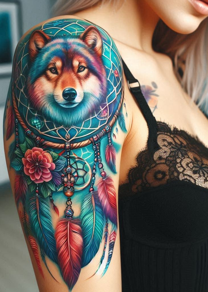 Dream Catcher Tattoos: 13 Dreamy Designs to Catch Your Eye | Pocoko Spirit of the Wild: Wolf Dreamcatcher Tattoo: Capture the power of intuition with a wolf-inspired dreamcatcher tattoo. The dreamcatcher features a central design of a howling wolf, while feathers woven into the hoop represent harnessing the wolf's fierce spirit for protection and guidance through your dreamscape.