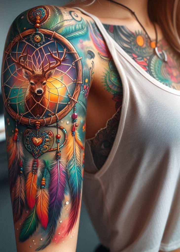 Dream Catcher Tattoos: 13 Dreamy Designs to Catch Your Eye | Pocoko Forest Whispers: Deer Dreamcatcher with Delicate Vines and Antlers: Embrace the tranquility of the forest with a deer-inspired dreamcatcher tattoo. The dreamcatcher features intricate webbing within the hoop, while delicate vines and a single, majestic antler woven into the design symbolize the calming energy of the woods, protection, and the filtering of peaceful dreams with a gentle, intuitive touch. This design represents the deer's connection to the spirit world and its role as a guide through the dreamscape.