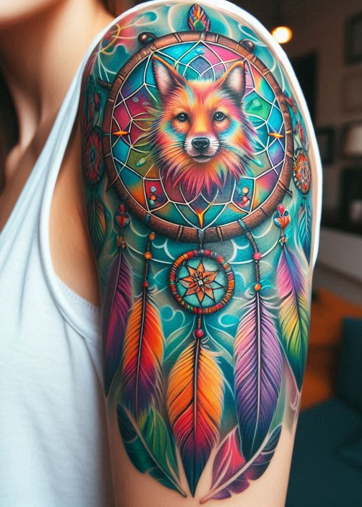 Dream Catcher Tattoos: 13 Dreamy Designs to Catch Your Eye | Pocoko Guardian of Tranquility: Fox Dreamcatcher Tattoo: Embrace the magic of the forest with a fox-inspired dreamcatcher tattoo. The dreamcatcher features a central design of a cunning fox, while delicate leaves and flowers woven into the hoop represent the fox's connection to nature and the filtering of peaceful dreams.