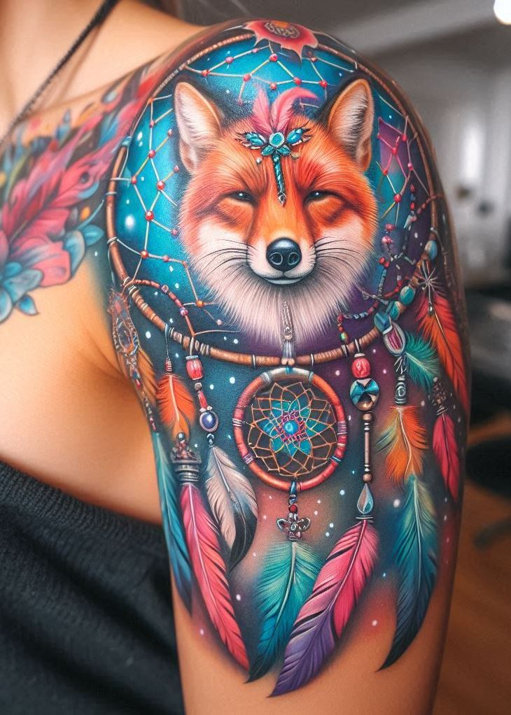 Dream Catcher Tattoos: 13 Dreamy Designs to Catch Your Eye | Pocoko Spirit of the Hunt: Wolf Dreamcatcher with Moon Phases and Arrows: Embrace the power of dreams as a call to action with a wolf-inspired dreamcatcher tattoo. The dreamcatcher features intricate webbing with phases of the moon woven in, symbolizing the moon's influence on your dreams and intuition. Feathers and arrows woven around the edge represent the wolf's hunting spirit, encouraging you to chase your dreams with fierce determination.