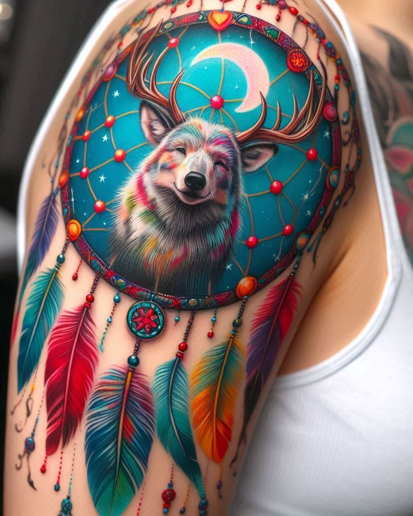 Dream Catcher Tattoos: 13 Dreamy Designs to Catch Your Eye | Pocoko Mythical Guardian: Wolf with Horns Dreamcatcher Tattoo: Embrace the power of a legendary protector with a unique wolf-with-horns dreamcatcher tattoo. The dreamcatcher features intricate webbing with a central design of a majestic wolf adorned with imposing horns. Feathers woven into the hoop represent harnessing the wolf's fierce spirit for protection, while the horns symbolize a creature of myth and legend, adding an extra layer of power and mystery to the dream filtering process. This design embodies the dreamcatcher as a guardian of exceptional strength and otherworldly connection.